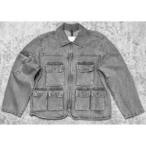 H&M Gray Denim Utility Cargo Jacket Full Zip Womens Size M NWT